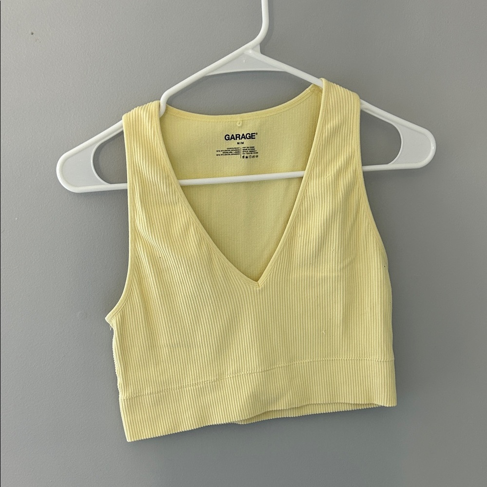 Garage Ribbed V-Neck Crop Tank Top in Pale Yellow
